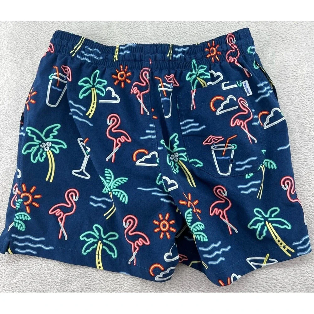 Chubbies Swim Trunks Mens Medium Navy Neon Flamingo Palm Tree 5.5